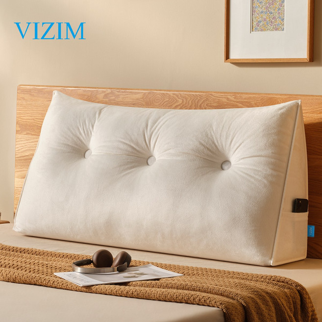 VIZIM 100CM 넓은 삼각 등쿠션 침대 헤드 등받이 소파 거실용 허리 보호 대형 쿠션 세탁 가능 사이드 포켓형 에너지 설계 휴식 휴식 휴식용 독서 등받이 자취방 침대 인테리어, 베이지색