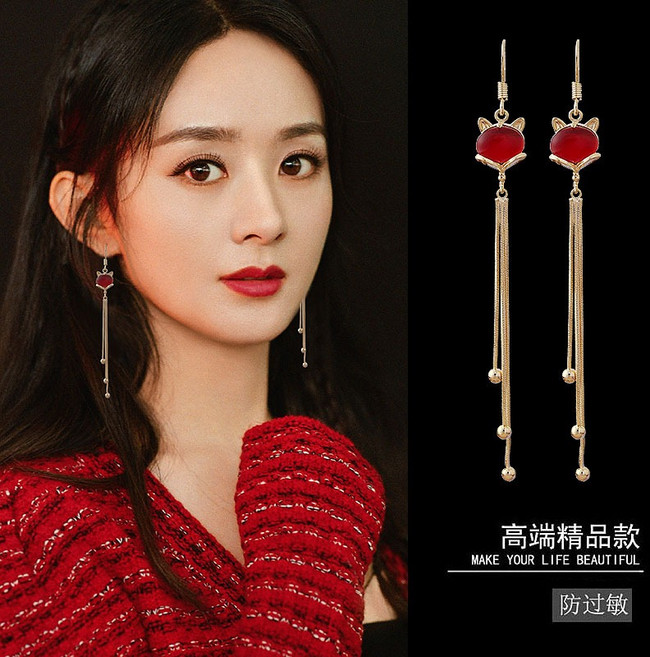 高端精品狐狸流蘇耳環 紅色設計 氣質百搭飾品