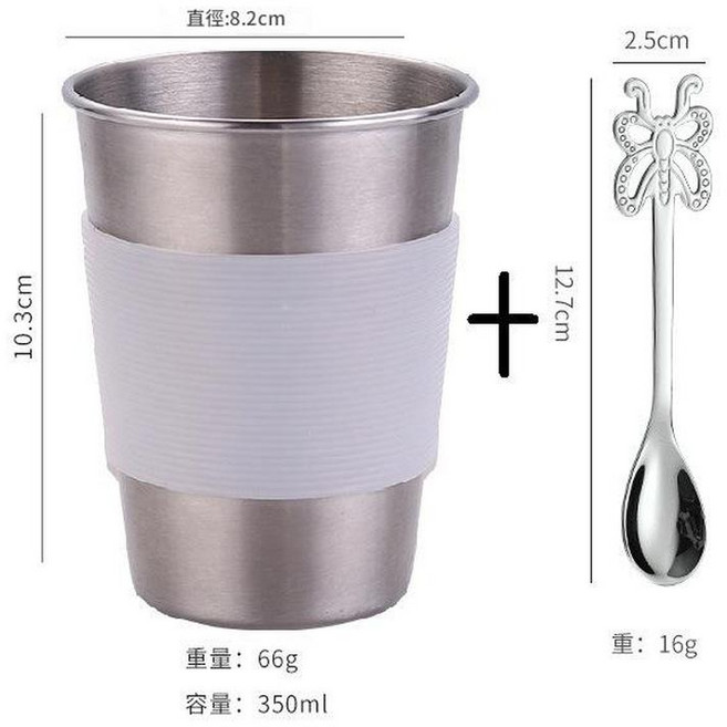 304不鏽鋼水杯 350ml 白色杯套, 原色350ml 白色杯套 勺子, 1套, 350L