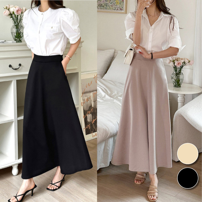 핏몬 우아한 밴딩 포켓 플레어 A라인 롱 스커트