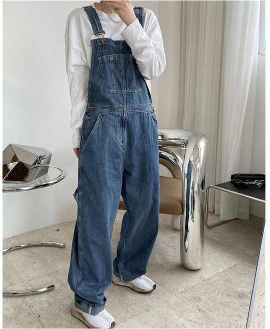 남성 멜빵 팬츠 캐주얼 봄 가을 민소매 점프슈트 루즈핏 빅사이즈 남자 카고 데님 팬츠 JZLYQ