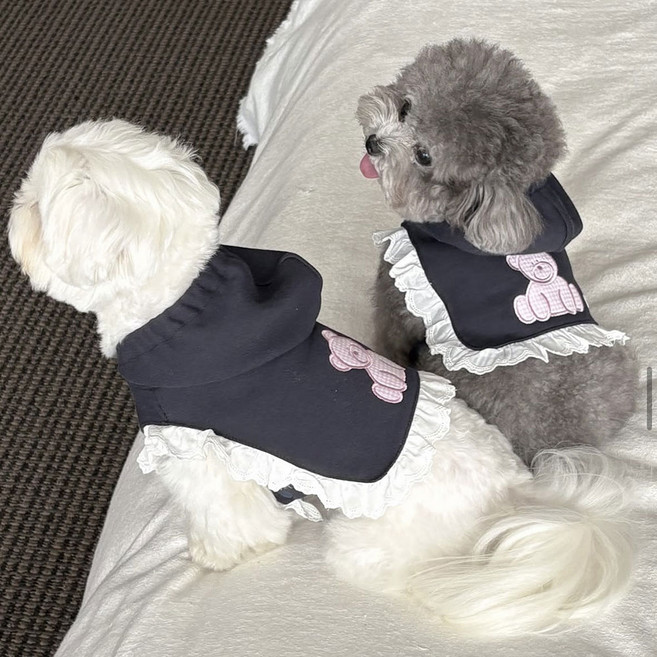 애견 강아지 체크 곰돌이 프릴 후드티 봄옷 조끼 사계절 실내복, 1개, 네이비