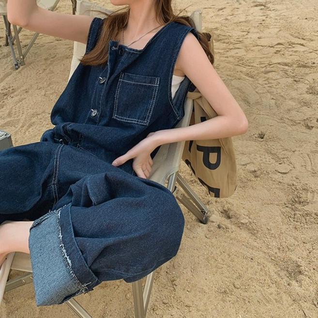 [Bahn] 인디고 오버핏 데님 포켓 점프수트