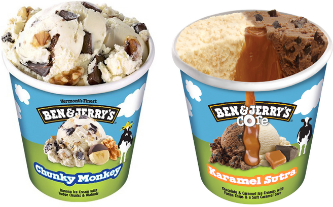 벤앤제리스 파인트 아이스크림 2종 혼합구성(청키몽키+카라멜수트라코어), 473ml, 2개