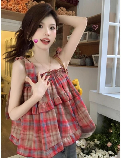 COSYEVNO 여성 여름 나시 레드 체크 빈티지 루즈핏 빅사이즈