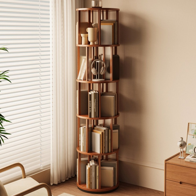 대용량 360도 원형 회전 책장 서재 거실책장 책장, 5단, 갈색