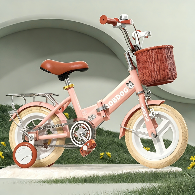 BYOU 접이식 유아 자전거 보조바퀴 어린이 자전거 14인치 16인치, 1개, 110cm, 로즈핑크