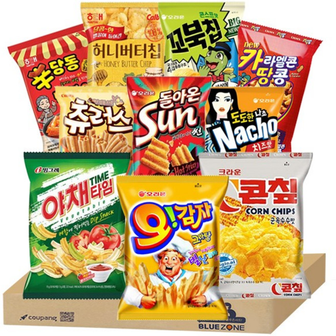 블루존 과자 스낵 10종 B세트(신당동떡볶이+허니버터칩+카라멜땅콩+츄러스+콘칩+야채타임+오감자+도도한나초+꼬북칩+썬), 1개