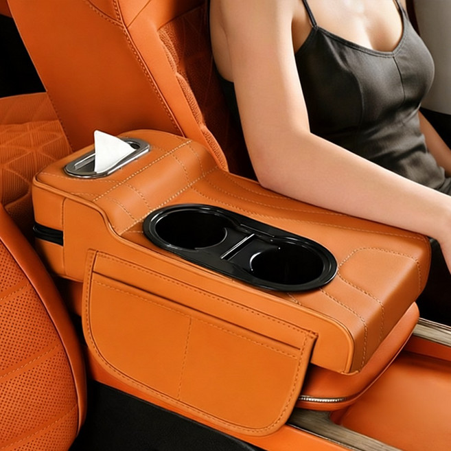 Mayho 차량용 콘솔쿠션 고탄성 자동차 팔걸이쿠션 컵홀더 티슈 팔받침대 수납함, 1개, 오렌지