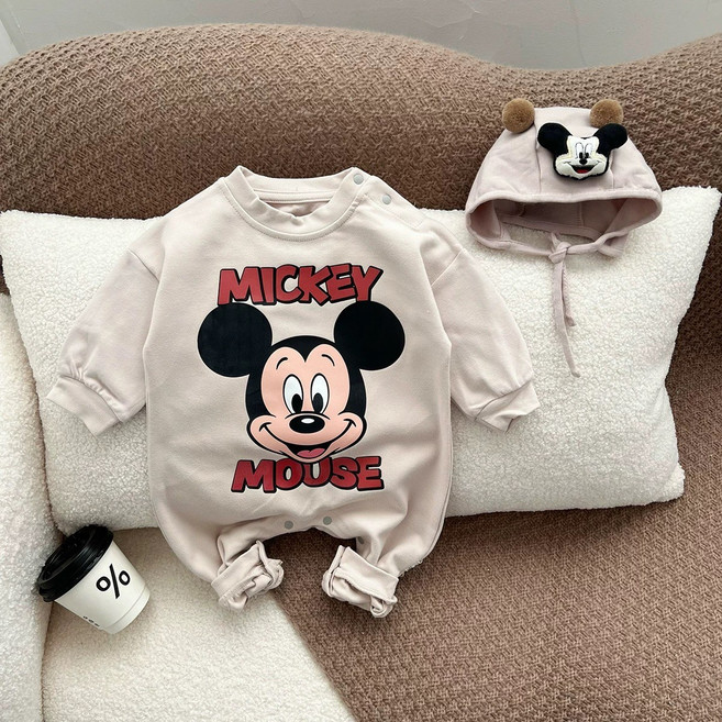 베이비 봄 가을 긴팔 미키마우스 우주복 맨투맨 바디슈트 티셔츠 디즈니 모자 세트 외출복 등원룩 백일 6개월 돌 아기옷