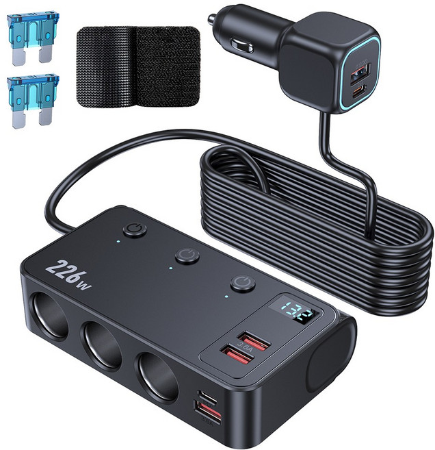 카모아 9in1 고출력 226W 시거잭 3구 차량용 멀티소켓 12V 24V 독립스위치 시거잭 소켓 PD45W USB C타입 초고속 충전기, 1개
