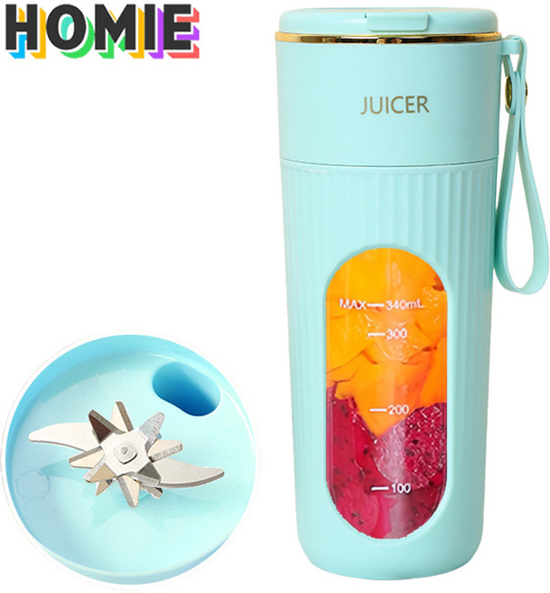 HOMIE 믹서기 14날 칼날 강력한 모터 착즙기 USB 충전식 휴대용 소형 믹서기 350ML, 파란색
