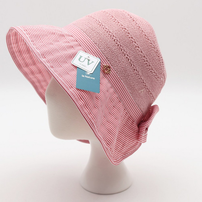 에스랑 라미엘 여성 여름 썬캡 모자 스트라이프 리본 와이드챙 자외선차단 휴대용 썬바이저