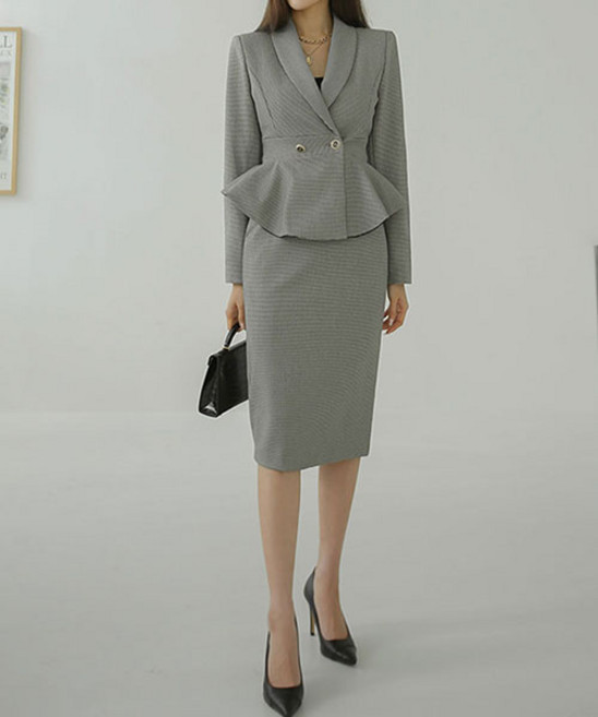 [루씨앤] 로파인 브이넥 하객룩 자켓 미디 스커트 정장 투피스 세트 홀복 섹시원피스 3912