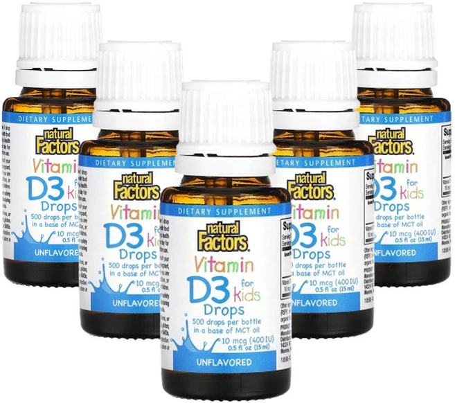 네츄럴팩터스 어린이용 비타민D3 드롭스 무향 10mcg(400IU) 0.5fl oz(15ml), 5팩 - 쿠팡