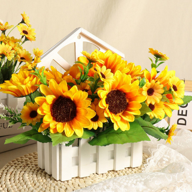 해바라기 조화 화분 인테리어 조화꽃 울타리화분, 1개