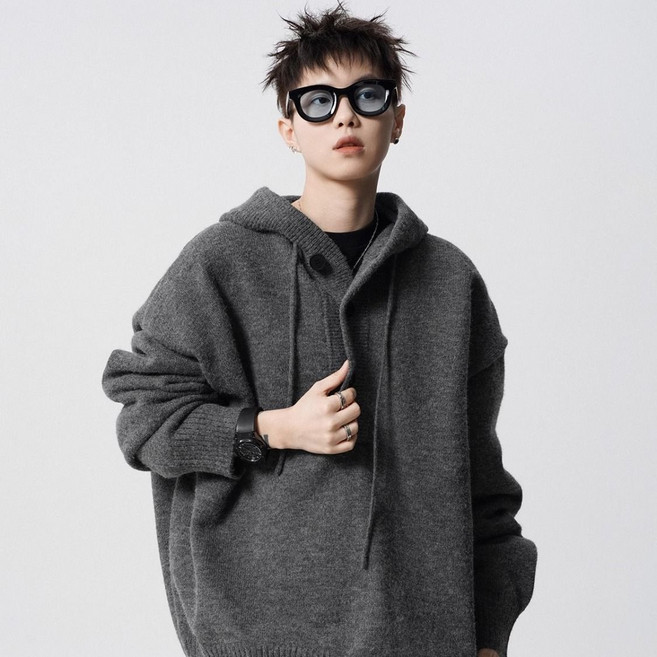 고급 스트리트 단색 후드 니트 남성용 겨울 미국식 클린핏 후드 스웨터 멋진 남성용