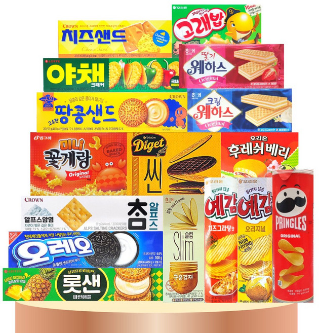 [판다네 마켓] 소형 16종-E 과자세트 (국희땅콩샌드 롯데샌드 참크래커 프링글스 예감 꽃게랑 후레쉬베리 고래밥 다이제씬 웨하스 치즈샌드 예감 오레오), 1개