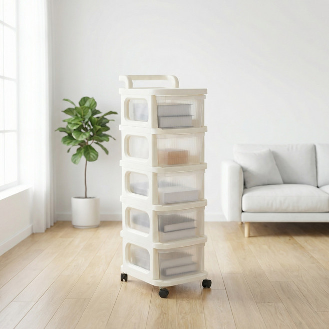 리빙코아 이동식 트롤리 카트 수납 선반 다용도, 화이트, 5단