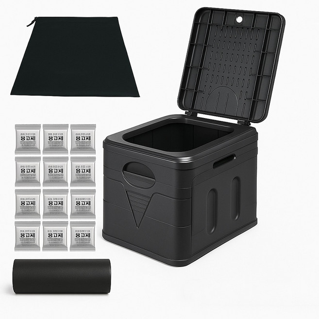 파파스 접이식 캠핑 변기 차박 휴대용 간이화장실 응고제 리필봉투 풀세트, 사각접이식변기(블랙)파우치+봉투12매+응고제12, 1개