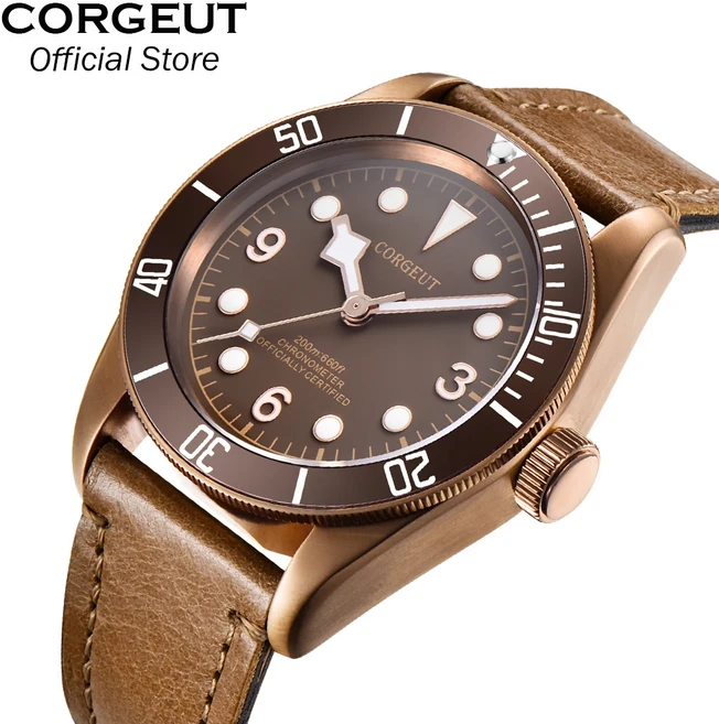 코르게트 40MM NH35 무브먼트 파일럿 남성용 자동 기계식 시계 타입-B 에비에이터 오토 가죽 스트랩 방수, 01 NH35, 02 coffee-number1