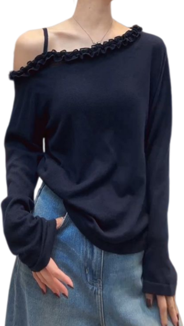 Makone 여성 오프숄더핏 네크라인 프릴트리밍 패션 트랜드 싱글 어깨끈 심플 루즈핏 데일리 티셔츠