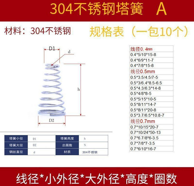 無品牌 電池彈簧 7號 5號 電視 空調 遙控器接觸彈簧, 不鏽鋼塔簧A 10個, 1個