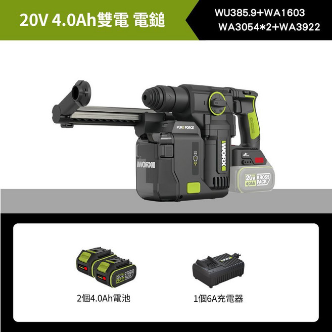 WORX 集塵式電鎚 鎚鑽 WU385 (2.5焦耳), 1個, 【4.0Ah 雙電+超快充】+集塵盒