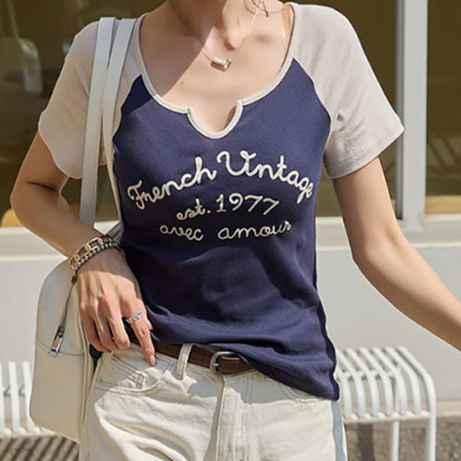 [나크21] (55~88) 배색 나그랑 트임 티셔츠 KO52-T-06