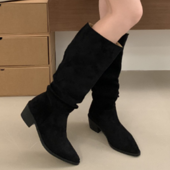 벨로아 통넓은 셔링 스웨이드 웨스턴 주름부츠