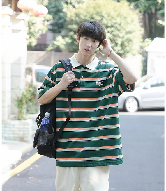 ANYOU 남성 여름 스트라이프 반팔티 셔츠