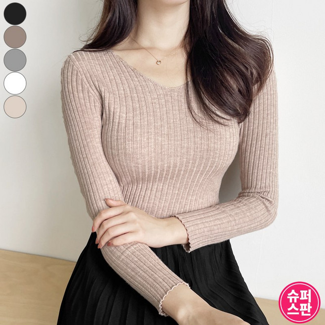 바비팩토리 여성용 브이넥 골지 니트 긴팔 스판 스웨터 니트티