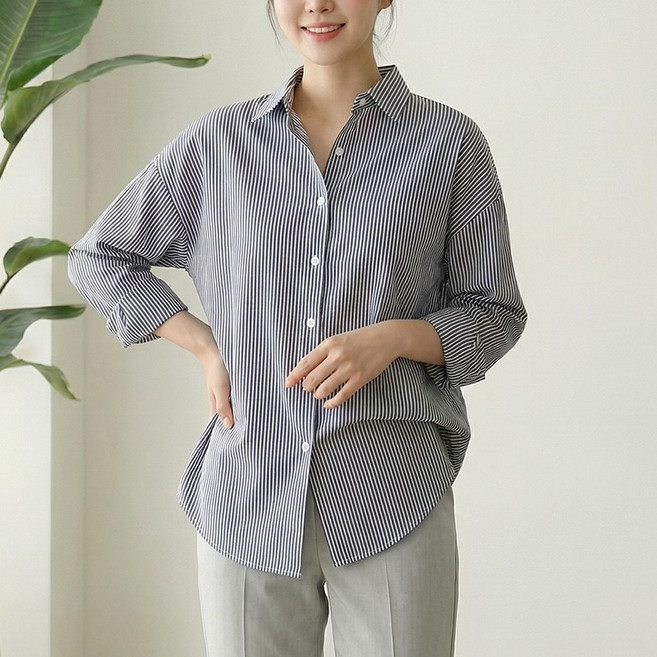 스타일아유 면80% 여성 스트라이프 면마 셔츠 봄여름 루즈핏 긴팔 남방 BL1858