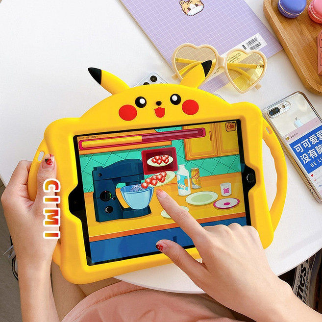 可愛寶可夢皮卡丘造型 iPad 平板保護套 兒童防摔掛繩手提設計 適用于 iPad 9.7/10.9/11 寸 iPad10/11 代 Mini6-7 代, 手柄皮卡丘+送掛繩, 1個