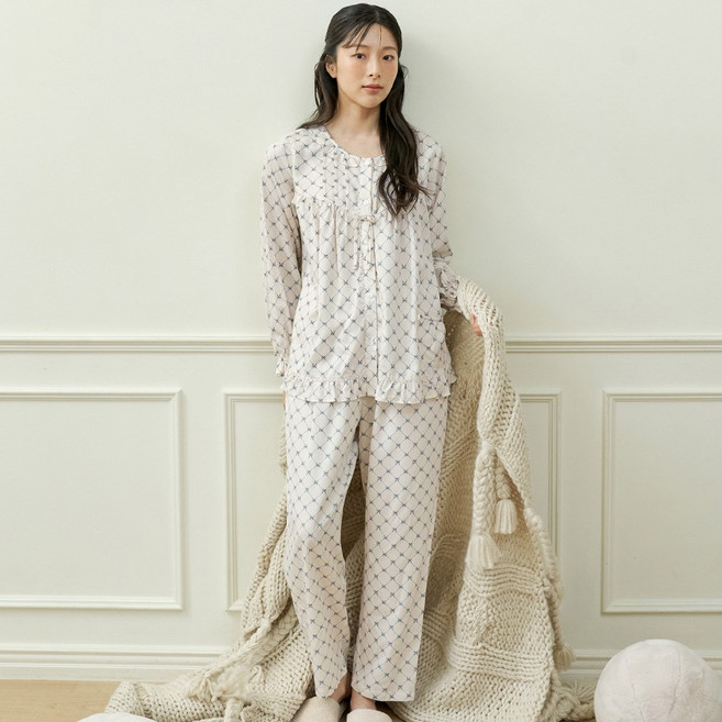 메이플라워 블루리본 긴팔 모달 면 여성 빅사이즈 잠옷 홈웨어 세트