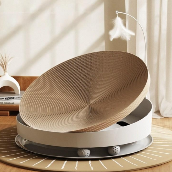 Star Fun큰 원형 사이즈고양이스크래쳐 고양이 티저와 볼이 장착되어 있습니다, 1개, 하얀색