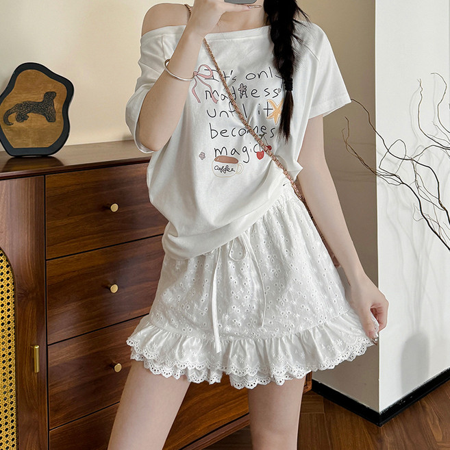 【甜美顯瘦】蛋糕裙 半身裙 芭蕾風裙褲 蕾絲裙 仙女裙 白色花邊設計 高腰A字版型 小個子友好 夏季日常穿搭