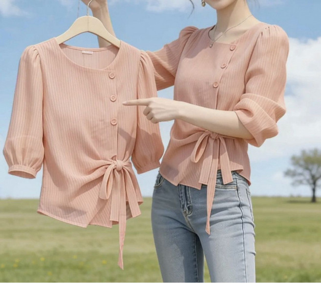 해피유통 여성 여름 루즈핏 스트라이프 반팔 블라우스 리본 디자인 캐주얼 상의