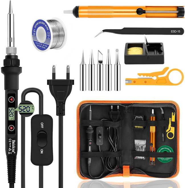 프리라이프 12in1 80W 전기 인두기 납땜기 세트 땜납 인두팁 납흡입기 가방 포함, ST-09