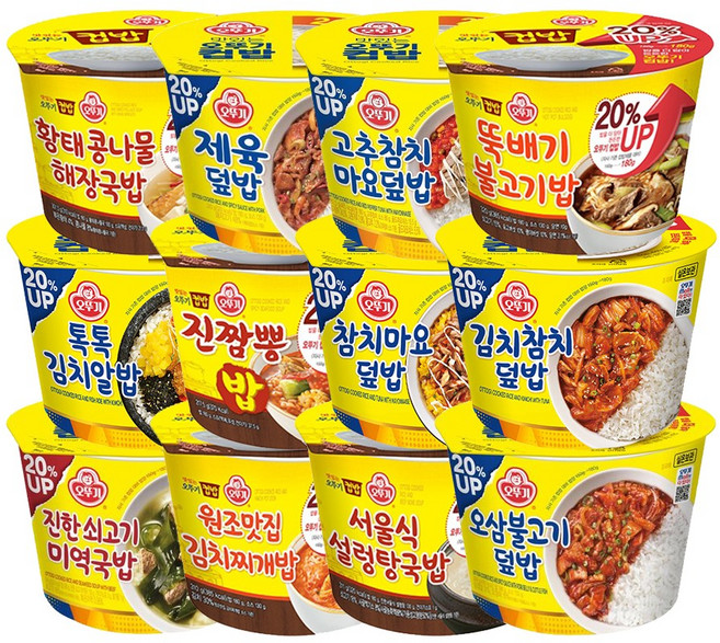 오뚜기컵밥 12종 뚝배기불고기밥+김치참치덮밥+오삼불고기덮밥+고추참치마요덮밥+참치마요덮밥+서울식설렁탕국밥+제육덮밥+진짬뽕밥+원조맛집김치찌개밥+황태콩나물해장국밥+톡톡김치알밥+진한쇠고기, 1개