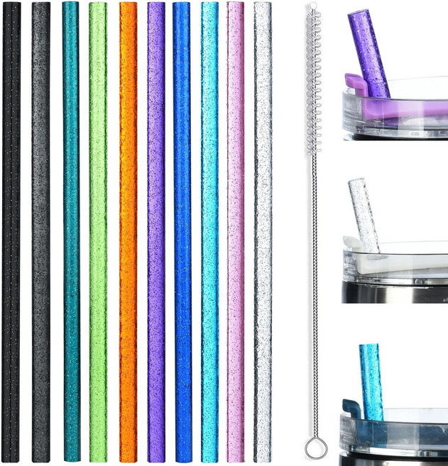대용량 텀블러용 컬러 교체 일자 빨대-재사용 가능한 플라스틱 글리터 스트로우 10개 + 청소 브러시 세트, 1세트
