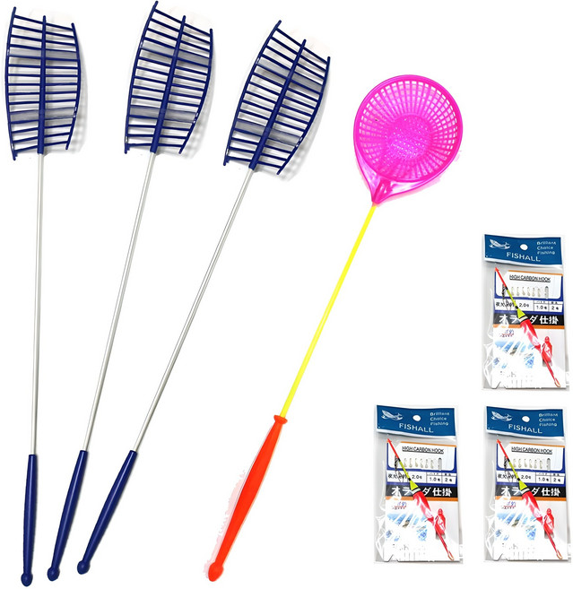 썬파인 3인 가족 빙어 견지낚시대 3개 + 빙어채피 3개 + 얼음뜰채 1개 세트, 혼합색상