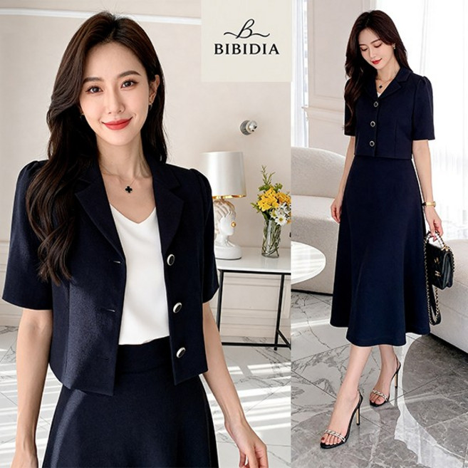 비비디아 여성 여름 정장 세트 반팔 자켓 A라인 롱스커트 투피스 셋업 하객룩 (S~2XL) 5626
