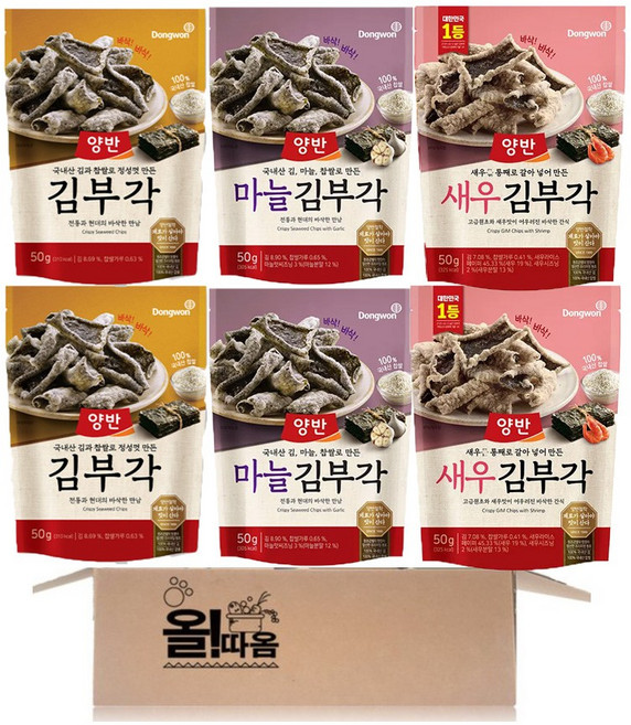 동원 양반 김부각 50g 2입+마늘 김부각 50g 2입+새우 김부각 50g 2입 총300g 1세트, 300g
