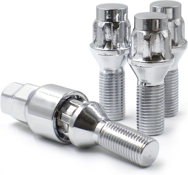 휠 액세서리 부품 4개 잠금 + 키 M14 x 1.5 스레드 도토리 시트 러그 볼트 크롬 마감 28mm 샹크 길이 듀얼 헥스 17mm & 19mm BMW 7 시리즈 E65 X3, Chrome, Factory Length