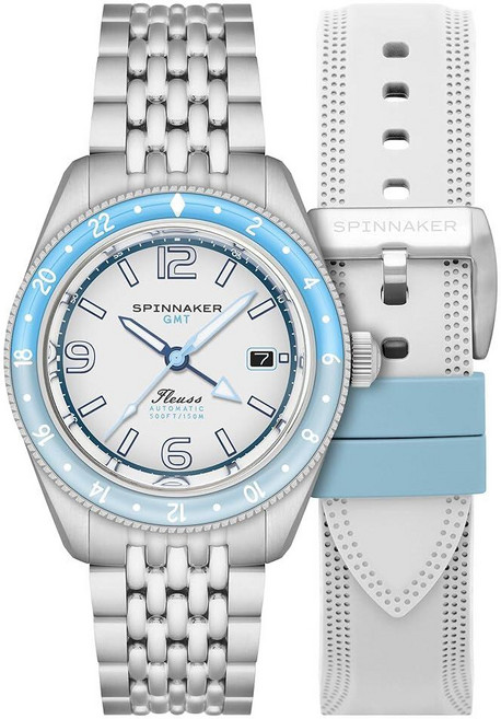 Spinnaker 남성용 43mm Fleuss GMT 오토매틱 시계 솔리드 스테인리스 스틸 팔찌 SP-5120 문 화이트. Fleuss Gmt 오토매틱