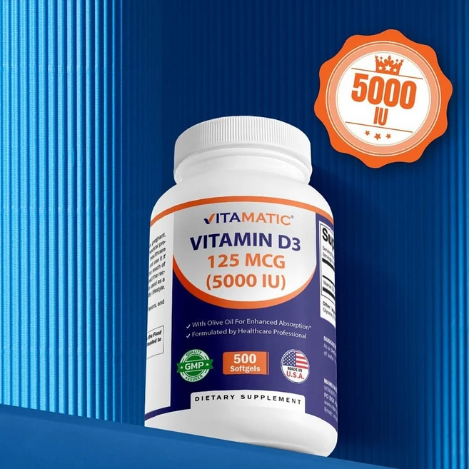 비타매틱 비타민 D3 5000IU (125 mcg) 올리브오일 베이스 500정 면역 강화 미국 내수용, 1개 - 쿠팡