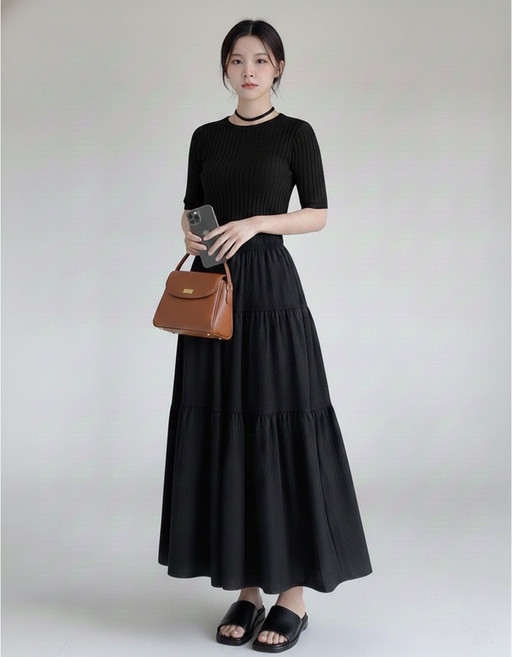 Shopflix 여성용 밴딩 A라인 하이웨스트 롱 플레어 롱스커트 빅사이즈