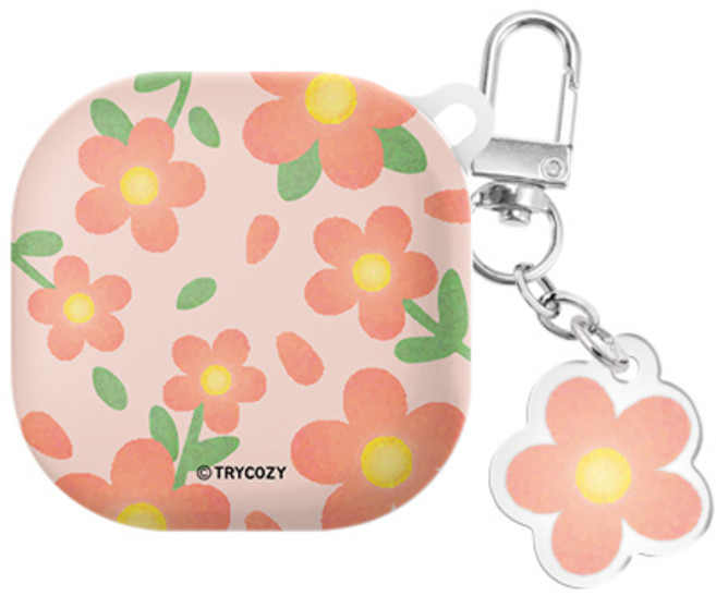 플라워드로잉 버즈라이브/버즈프로/버즈2/버즈2프로(공용) 하드 케이스 키링 세트, 플라워드로잉-코랄