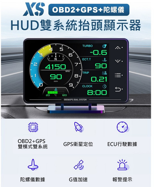 XS HUD 汽車抬頭顯示器 3.5吋 液晶儀錶 OBD2 GPS雙模雙系統 陀螺儀, 1個